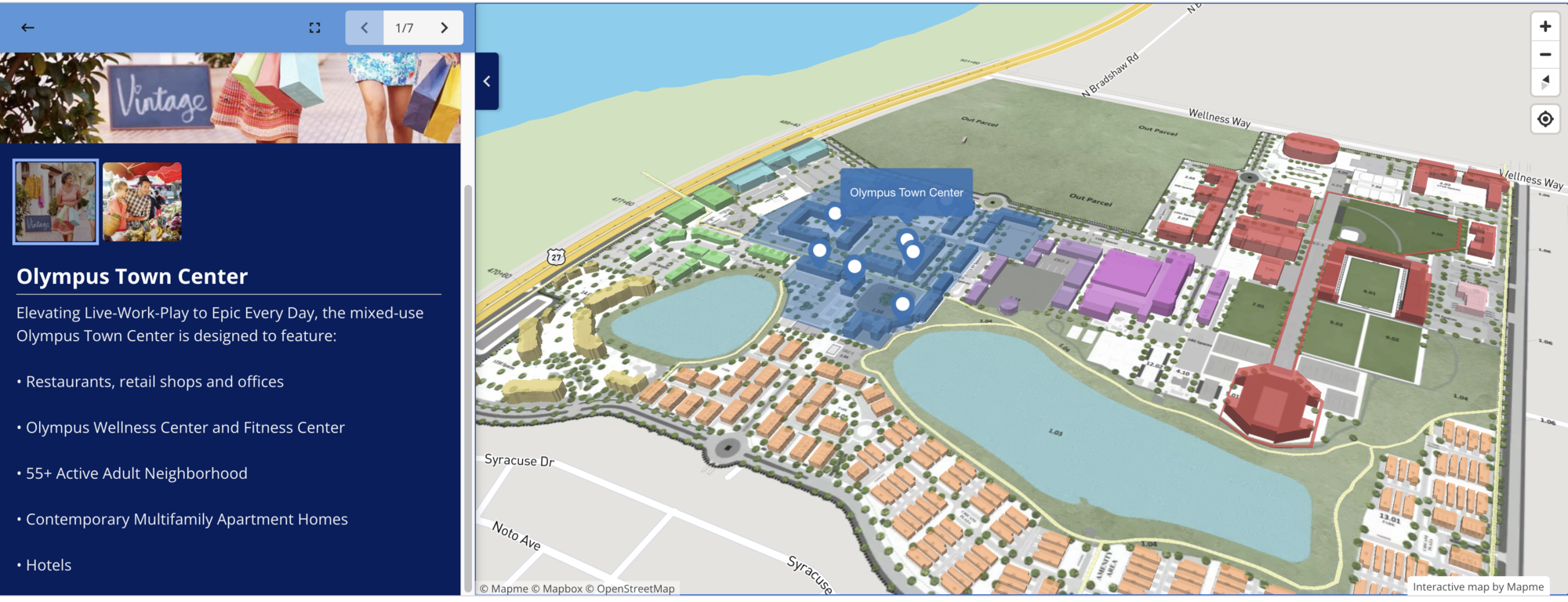 interactive map with town center building highlighted